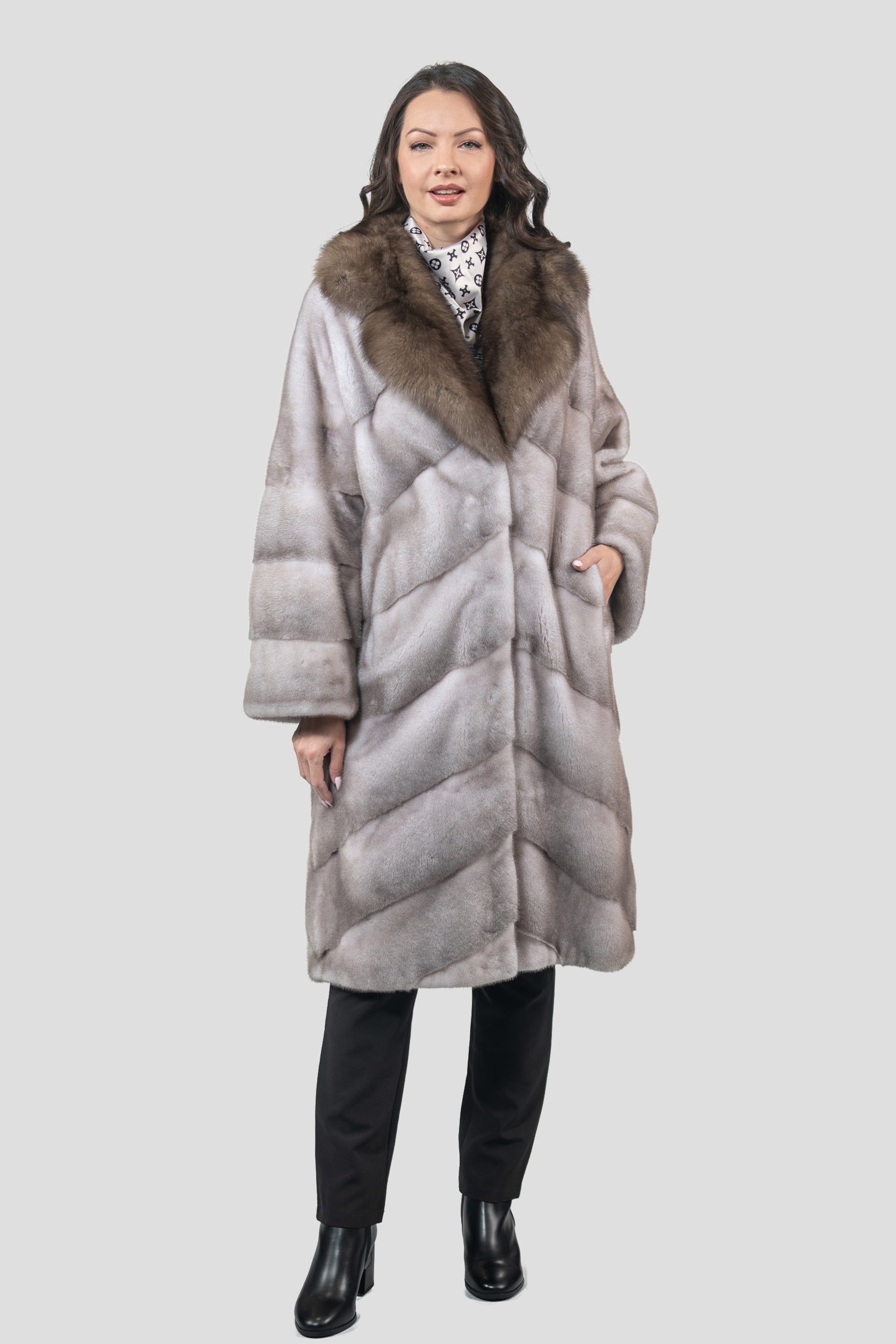 Silver Blue Mink Coat with Russian Sable Trimmed Notch Collar A/K13C848GS20