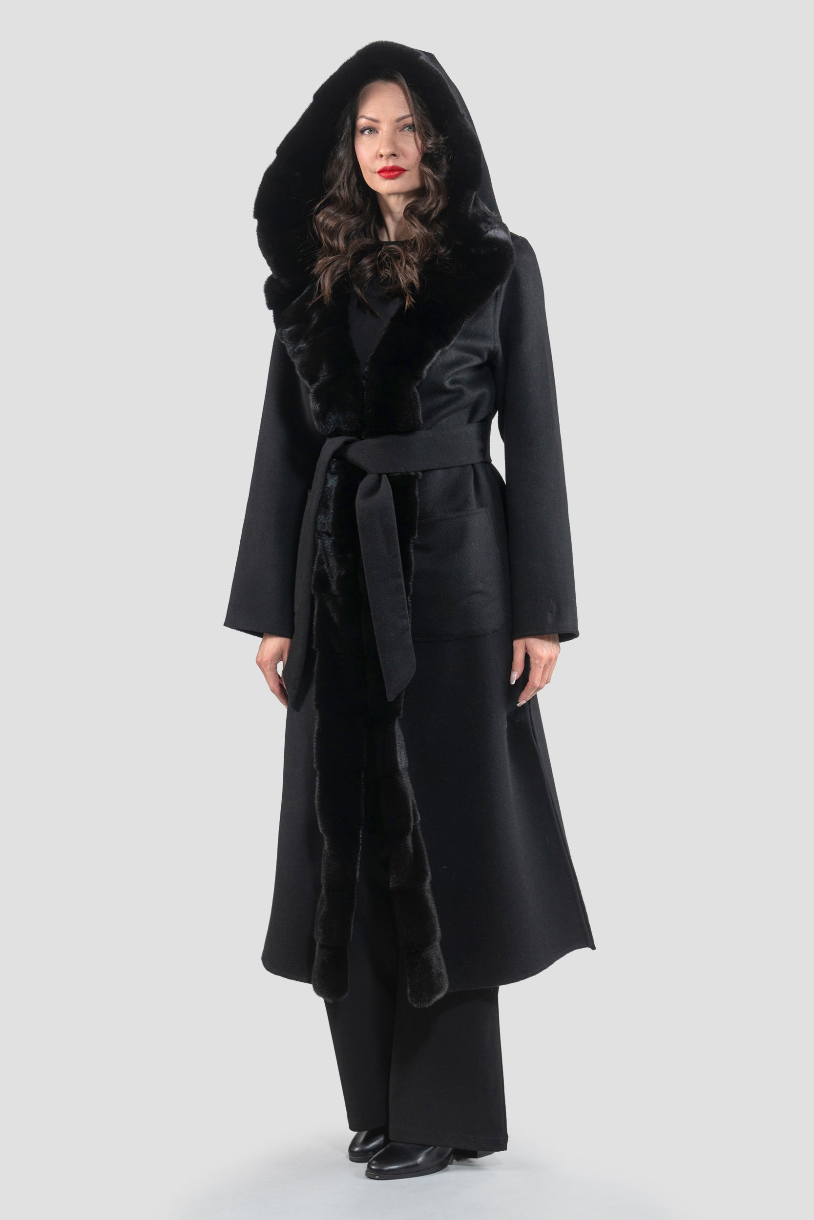 Black Cashmere Hooded Coat with Mink Trim 21C6080H