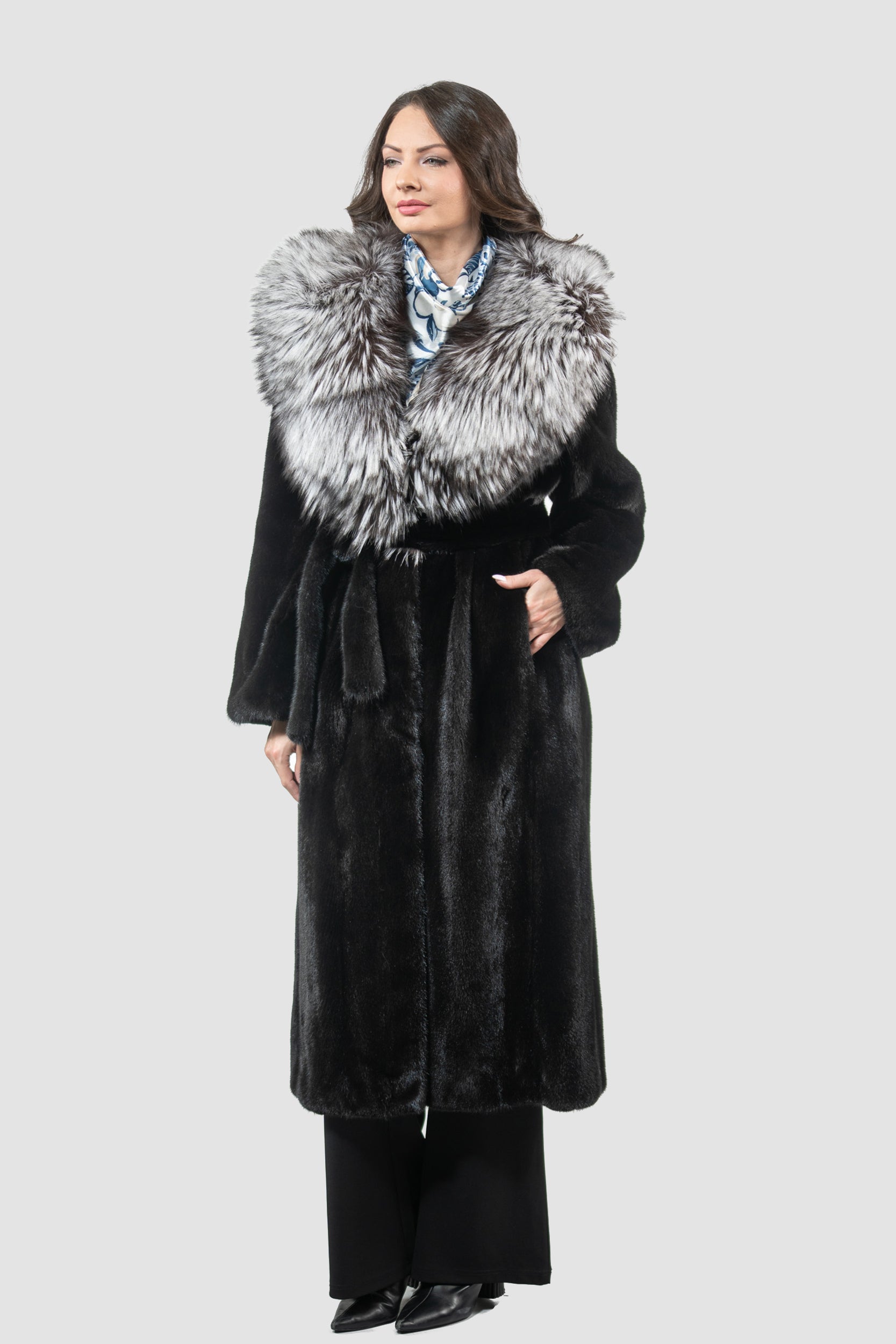 Blackgalama Mink Coat With Fox Shawl Collar L/O13C530gC17