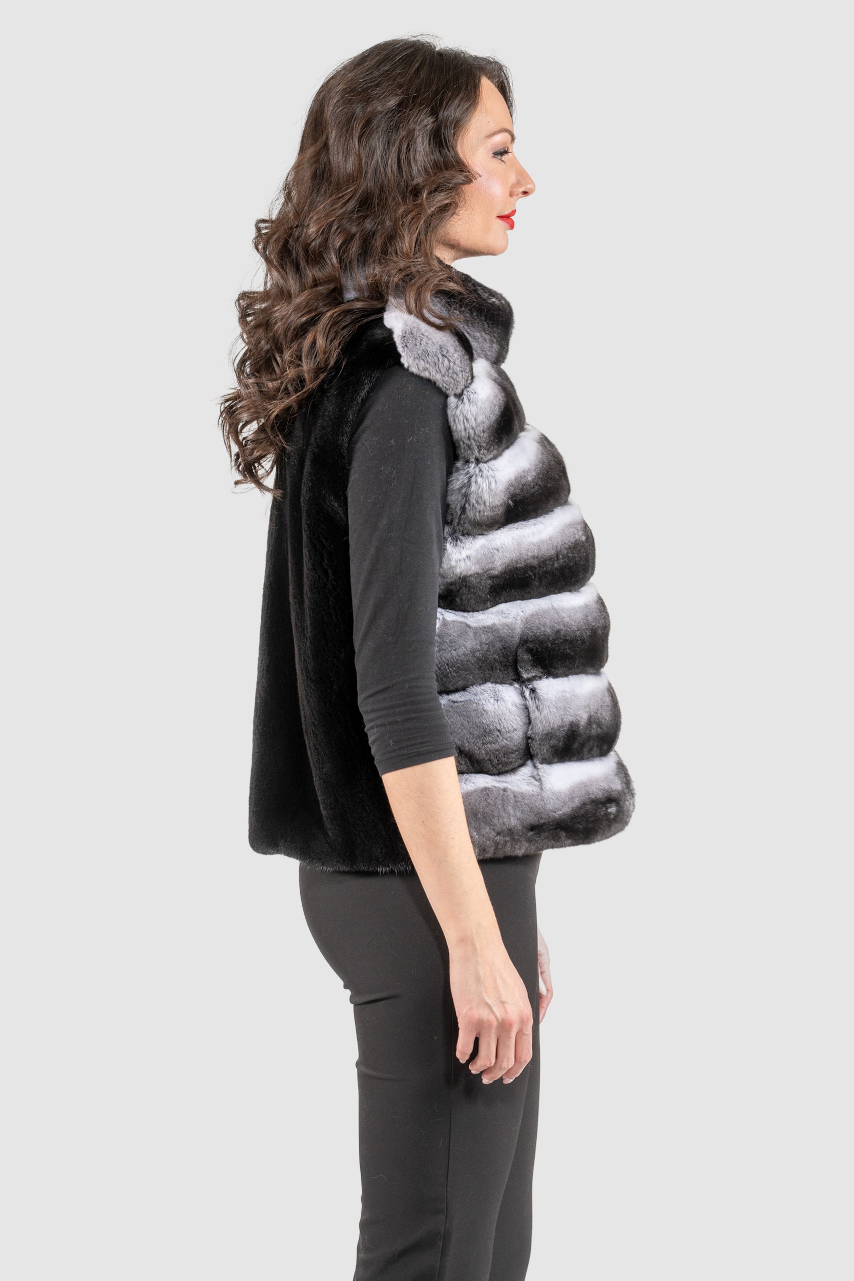 Natural Chinchilla Fur Vest with Stand Collar and Mink Trim P/K2201