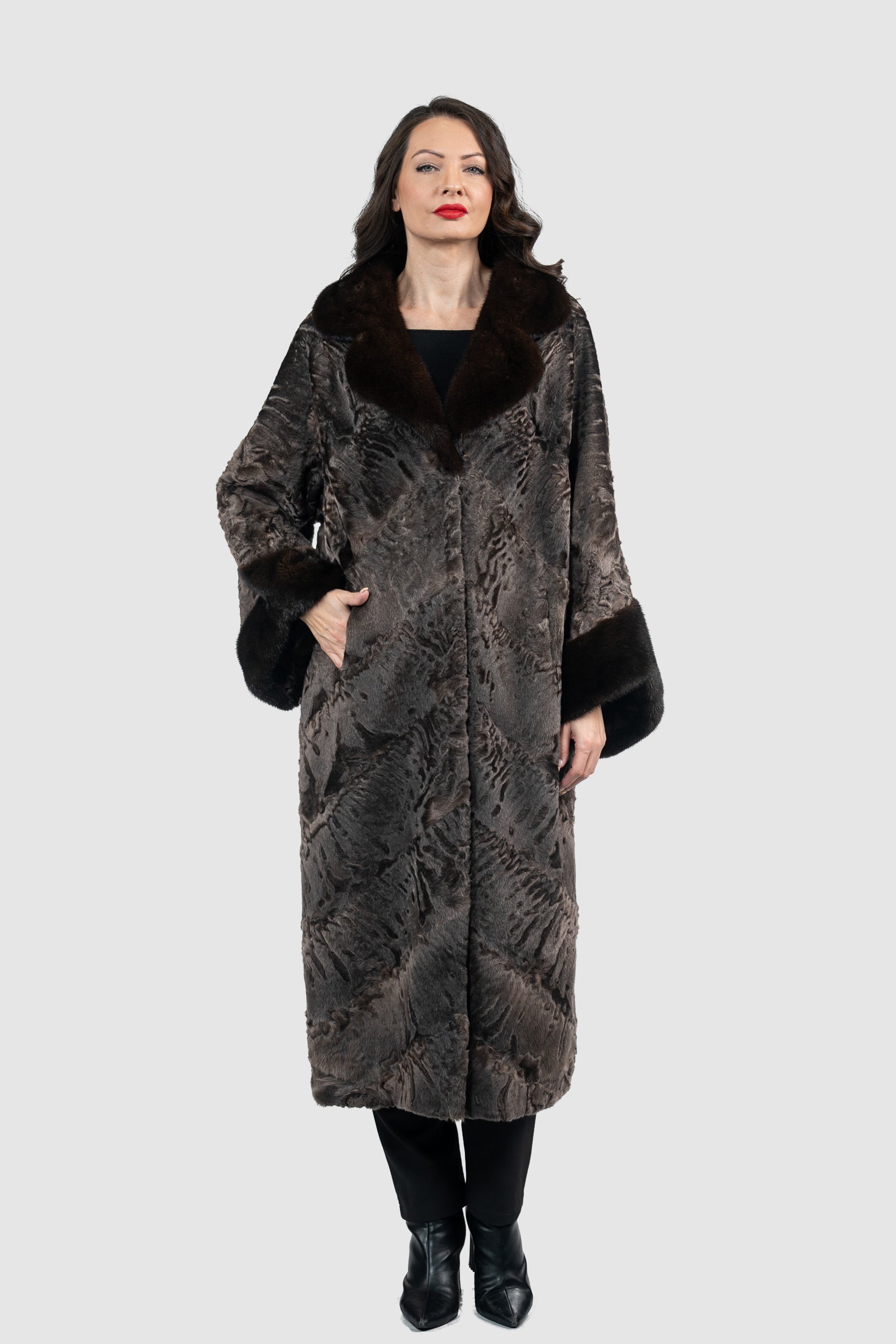 Chocolate Swakara Coat with Mink Trim A/K13C848gs20v30